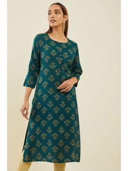 Soch - Teal Rayon Straight Kurta With Ethnic Block Print