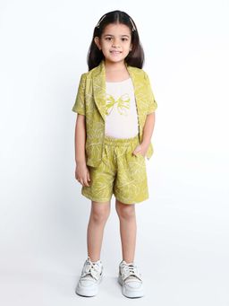 Mini Stitch - Mustard Printed Top with Jacket and Shorts (Set of 3)