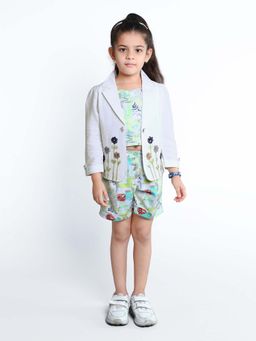 Mini Stitch - Green Embroidered Top with Jacket and Shorts (Set of 3)