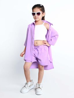 Mini Stitch - Purple Solid Top with Shirt and Shorts (Set of 3)