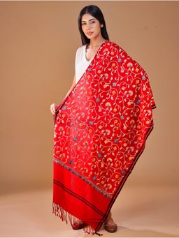 SWI STYLISH - Women's Red Aari Embroidery Wool Stole