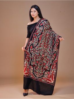 SWI STYLISH - Women's Pure Wool Faux Pashmina Black Embroidery Stole