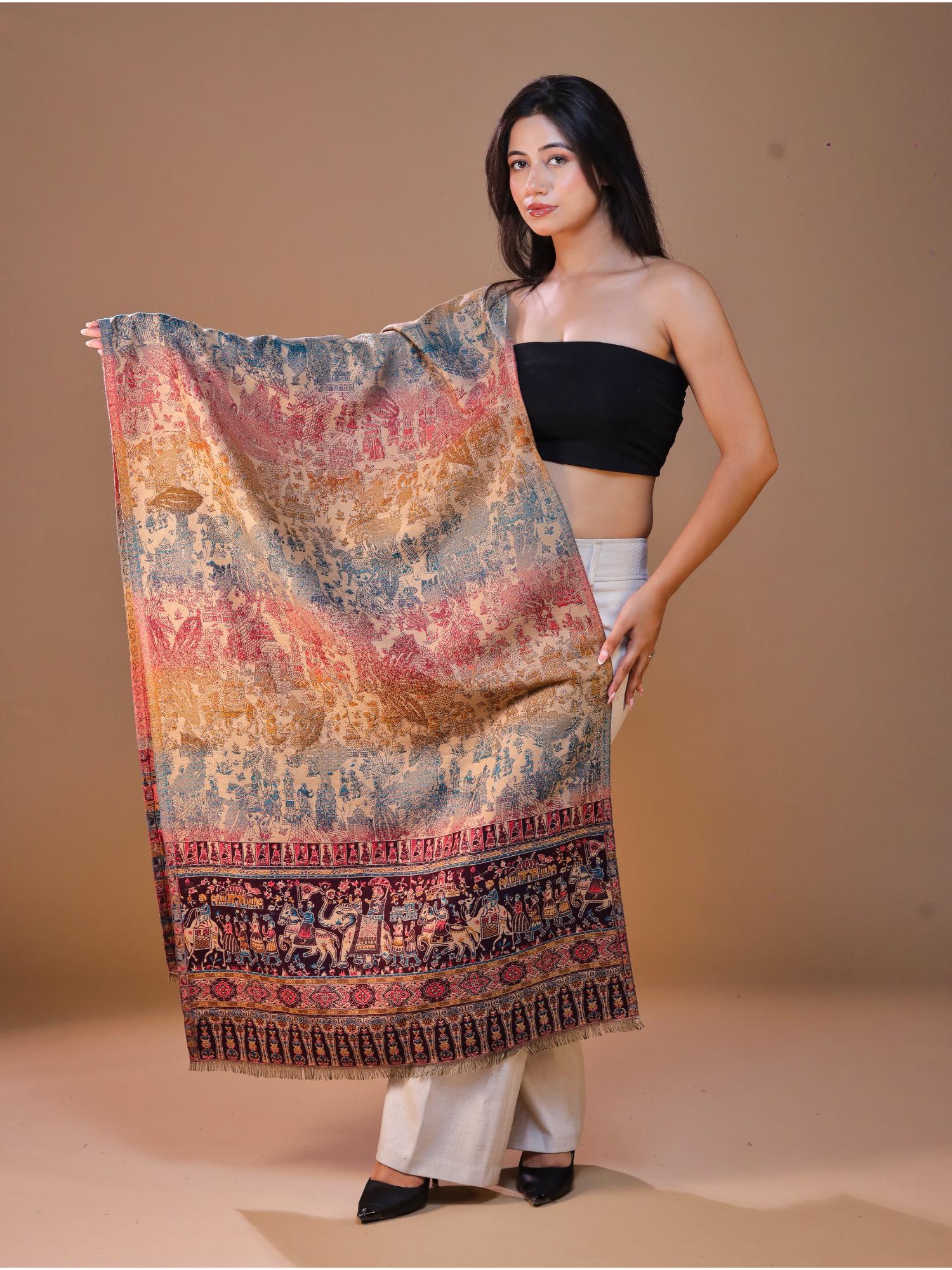 Women's Wine Jamawar Woven Wool Stole-image-49
