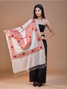 SWI STYLISH - Women's White Aari Embroidery Wool Stole