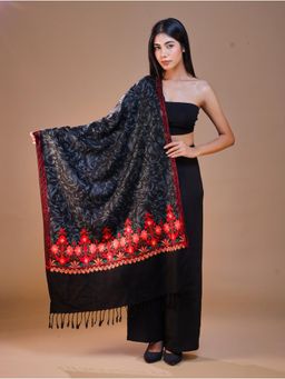 SWI STYLISH - Women's Black Aari Embroidery Wool Stole