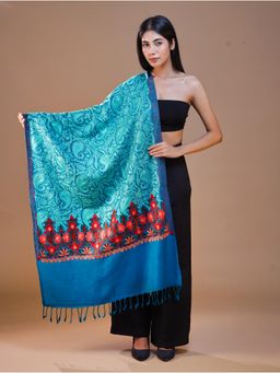 SWI STYLISH - Women's Turquoise Aari Embroidery Wool Stole