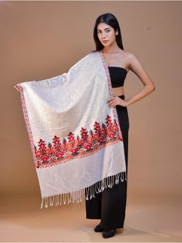 SWI STYLISH - Women's White Aari Embroidery Wool Stole