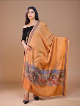 SWI STYLISH - Women's Orange Darbar Printed Shawl with Swarovski Work