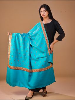 SWI STYLISH - Women's Pure Wool Faux Pashmina Turquoise Hand Embroidery Shawl