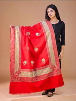 SWI STYLISH - Women's Jamawar Red and Beige Embroidery Shawl