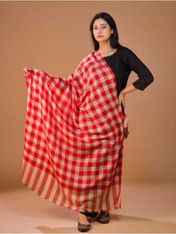 SWI STYLISH - Women's Jamawar Beige Red Woven Design Checked Shawl