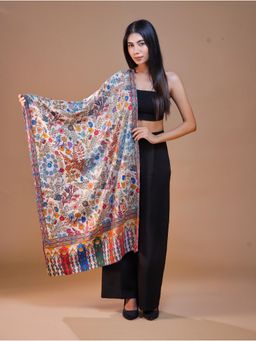 SWI STYLISH - Women's Pure Wool Faux Pashmina Kalamkari Printed White Embroidery Stole