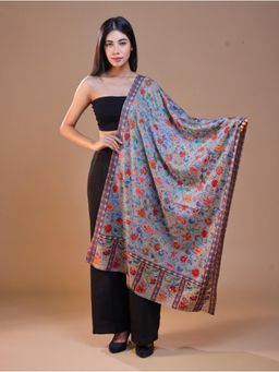 SWI STYLISH - Women's Pure Wool Faux Pashmina Kalamkari Printed Grey Embroidery Stole