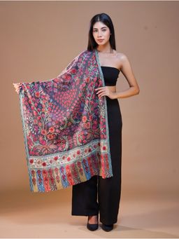 SWI STYLISH - Women's Pure Wool Faux Pashmina Kalamkari Printed Black Embroidery Stole