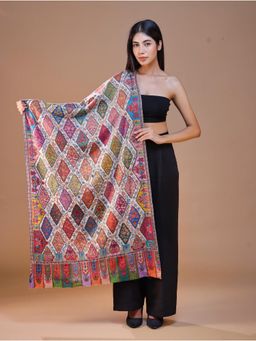 SWI STYLISH - Women's Pure Wool Faux Pashmina Kalamkari Printed White Embroidery Stole