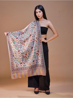 SWI STYLISH - Women's Pure Wool Faux Pashmina Kalamkari Printed White Embroidery Stole