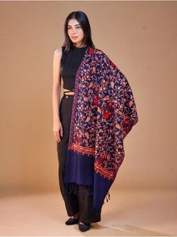 SWI STYLISH - Women's Navy Blue Aari Embroidery Wool Stole
