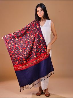 SWI STYLISH - Women's Navy Blue Aari Embroidery Wool Stole