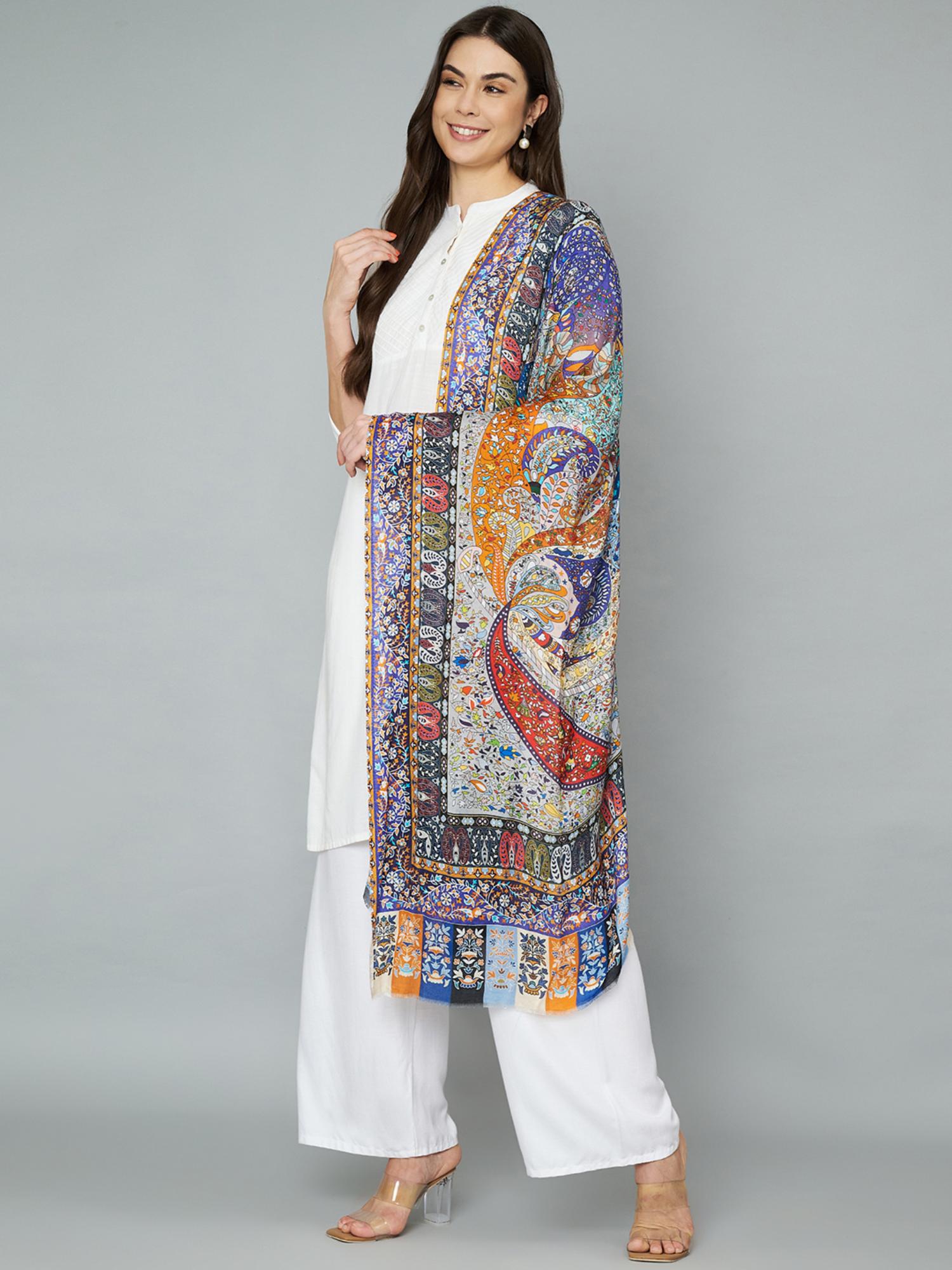 muffly Women's Multi Fine Soft Bamboo Stole with Kalamkari Print-picture-29
