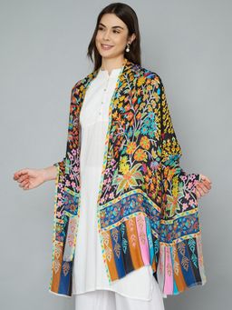 MUFFLY - Women's Black Fine Soft Bamboo Stole with Kalamkari Print