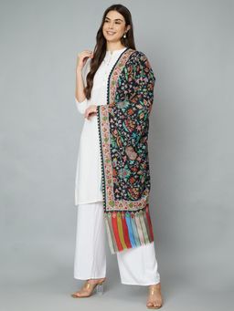 MUFFLY - Women's Black Pure Wool Kalamkari Print and Aari Embroidery Stole