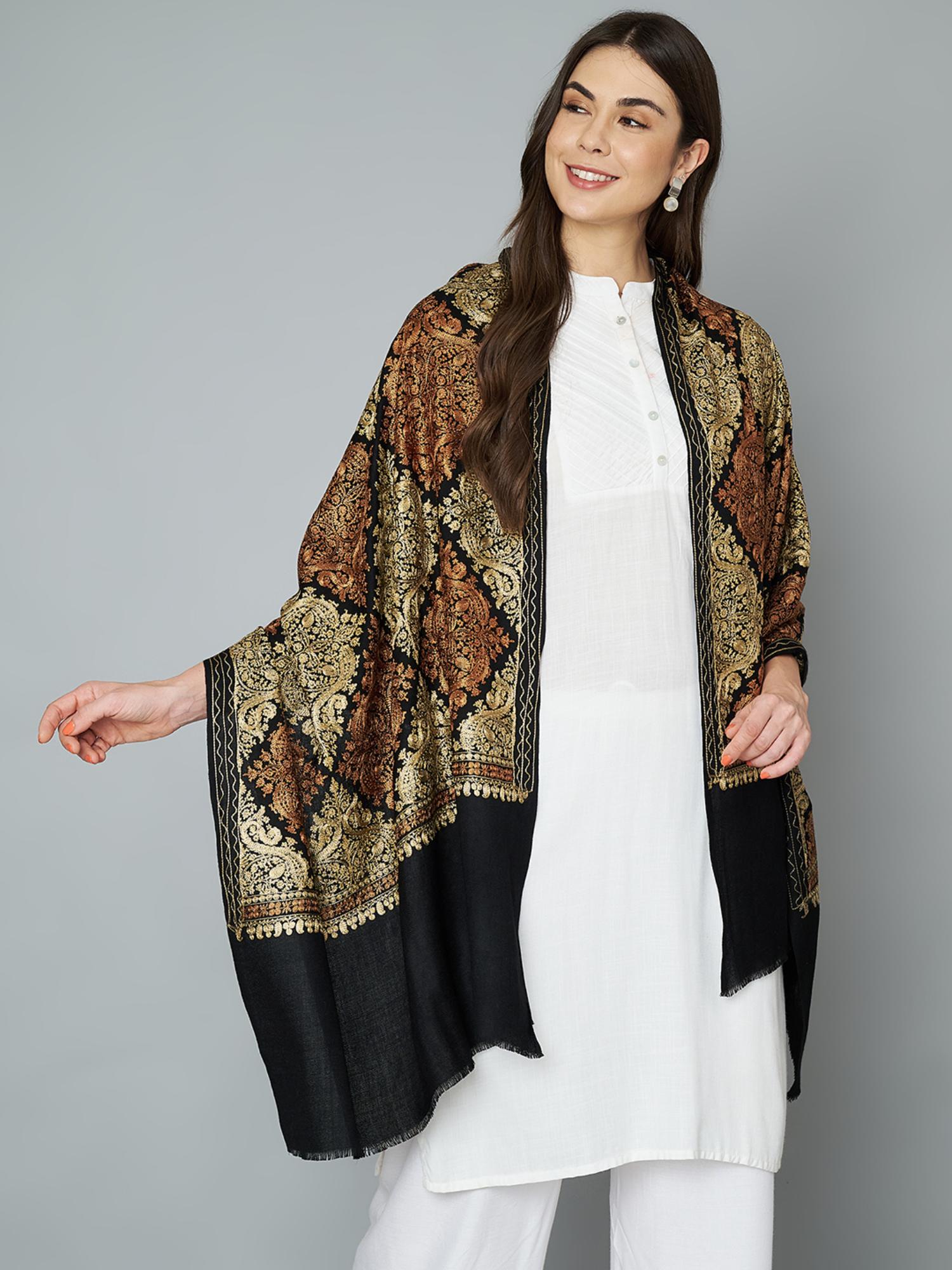 muffly Women's Black Heavy Jaal Design Thread Embroidery Stole-picture-19