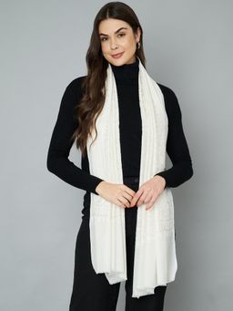 MUFFLY - Women's Off White Heavy Jaal Design Thread Embroidery Stole