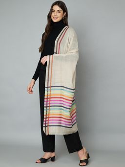 MUFFLY - Fine Wool Silk Beige Stripe Stole