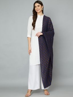 MUFFLY - Women's Twilight Checkered Stole with Shimmery Zari Thread Weave - Blue & Gold