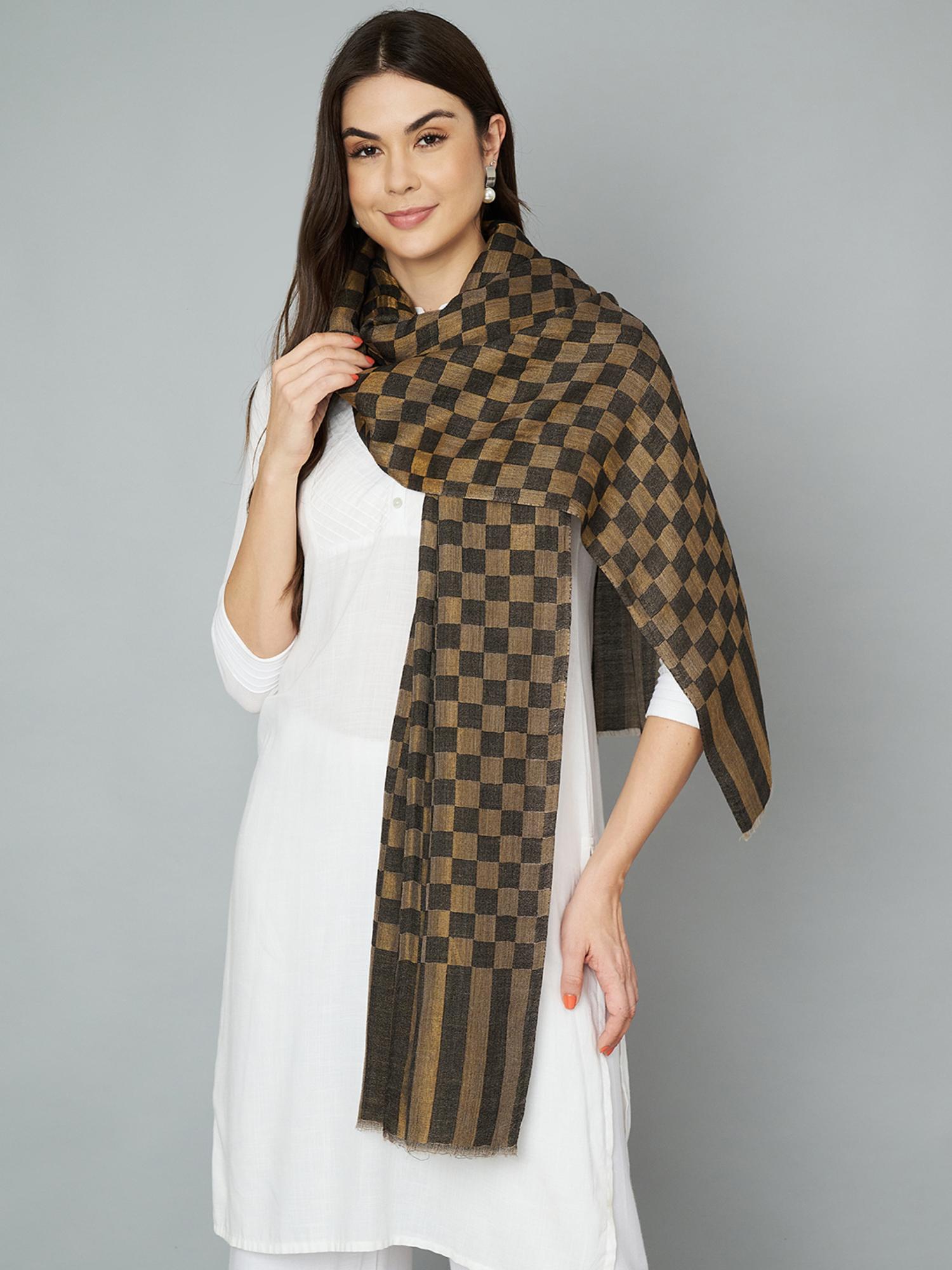 muffly Women's Twilight Checkered Stole with Shimmery Zari Thread Weave - Gold-picture-21
