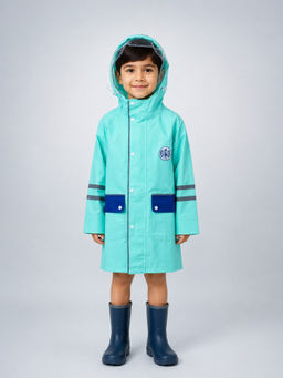 Little Surprise Box - Minimal Mint & Blue Pocket Knee Length Raincoat with Pouch for Kids