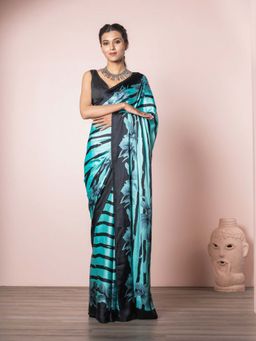 EXCLUSIVA - Turquoise Satin Crepe Digital Print Saree with Unstitched Blouse