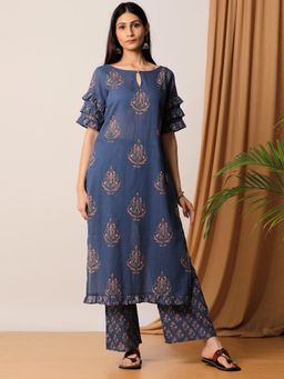 Empress Pitara - Blue Hand Blocked Cotton Kurta With Pant (Set of 2)