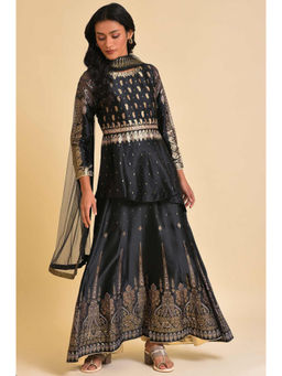 WISHFUL by W - Black Embroidered Kurta With Skirt & Dupatta (Set of 3)