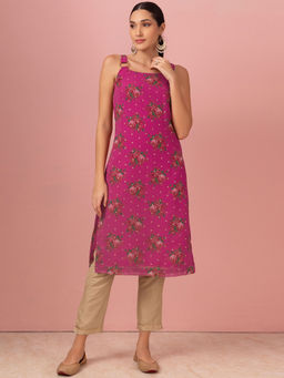 Indya - Hot Pink Floral Print Strappy Straight Kurta