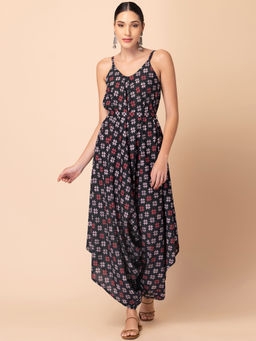 Indya - Black Floral Boota Print Strappy Jumpsuit With Belt (Set of 2)