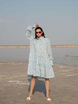 MARCHE - Blue Lilies Hand Block Printed Tiered Short Dress