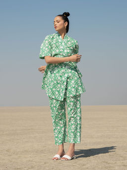 MARCHE - Green Basile Hand Block Printed Cotton Kimono Style Kurta Set