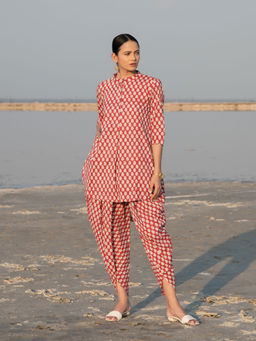 MARCHE - Red Lotus Hand Block Printed Cotton Dhoti Set