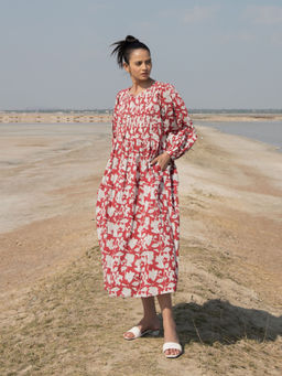 MARCHE - Red Lilies Hand Block Printed Cotton Dress