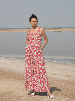 MARCHE - Red Lilies Hand Block Printed Cotton Jumpsuit