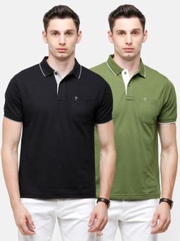 Classic Polo - Men Solid Black & Green Cotton Blend Regular Fit Polo T-Shirts (Pack of 2)