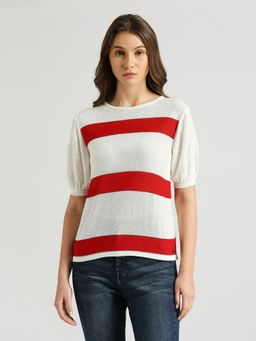 Pepe Jeans - Carlie Striper Flat Knit With Self Design Puff Sleeve Top