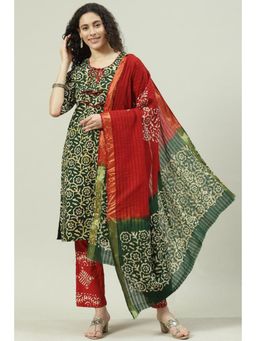 Biba - Green Cotton Hand Block Printed Unstitched Suit (Set of 3)