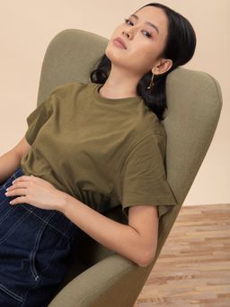 Twenty Dresses by Nykaa Fashion - Basics Super Chill Olive Green Boxy Tee