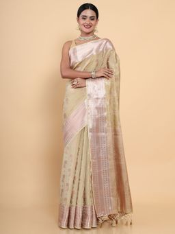 Mimosa - Women Traditional Kasavu Art Silk Beige Saree with Unstitched Blouse