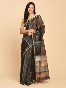 Fabindia - Black Cotton Silk Maheshwari Woven Saree Without Blouse