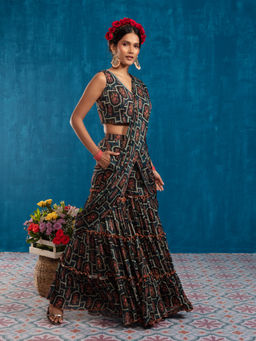 Gajra Gang - Banjara Vibes Navy Printed Drape Sharara Saree Crop Top GGSAR01 (Set of 2)