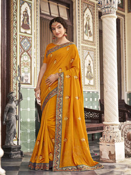 Odette - Mustard Vichitra Embroidered Saree with Unstitched Blouse