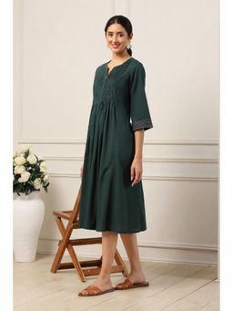Biba - Women Green Cotton Solid Pleated A-Line Dress